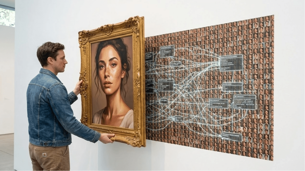 AI creative work shown as an evidence chain of iterations and tools, not a finished portfolio