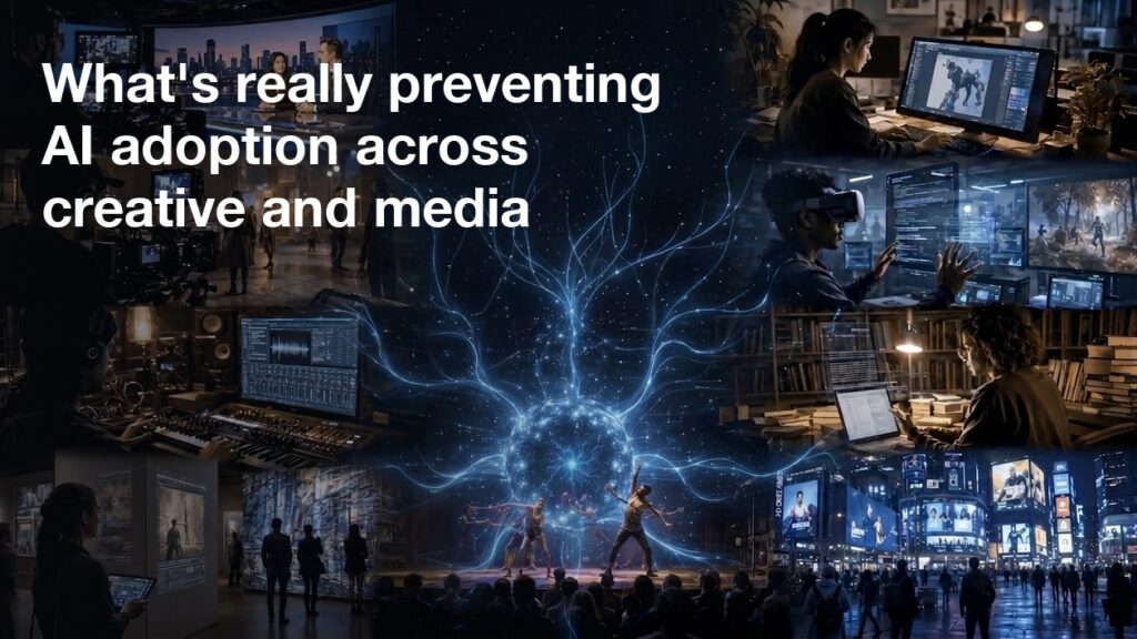 Scenes from across creative and media production surrounding a central glowing AI core, illustrating creative AI adoption