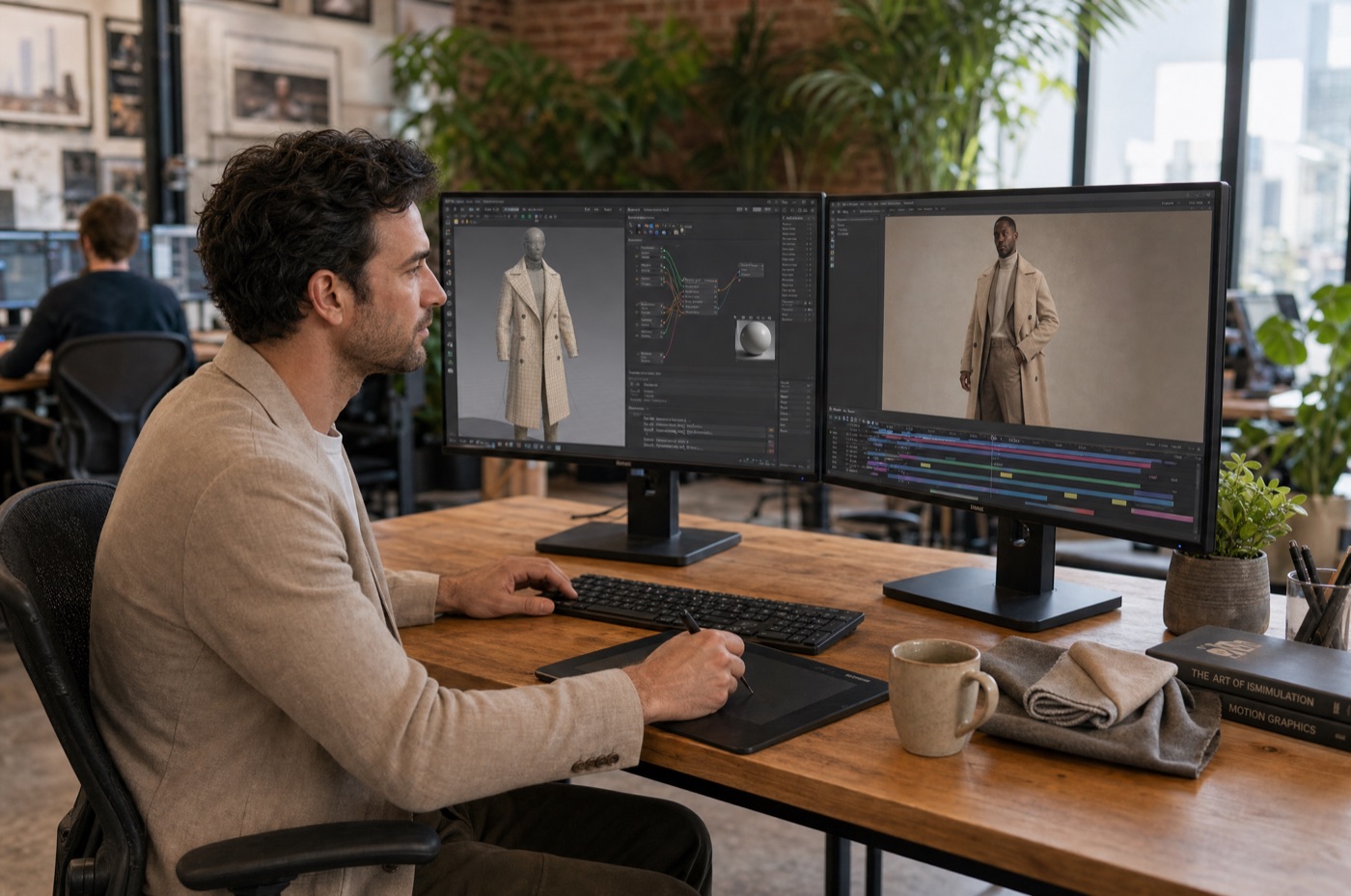 A 3D designer modelling a tailored wool overcoat in garment simulation software, with the finished render and a motion timeline on the second screen.
