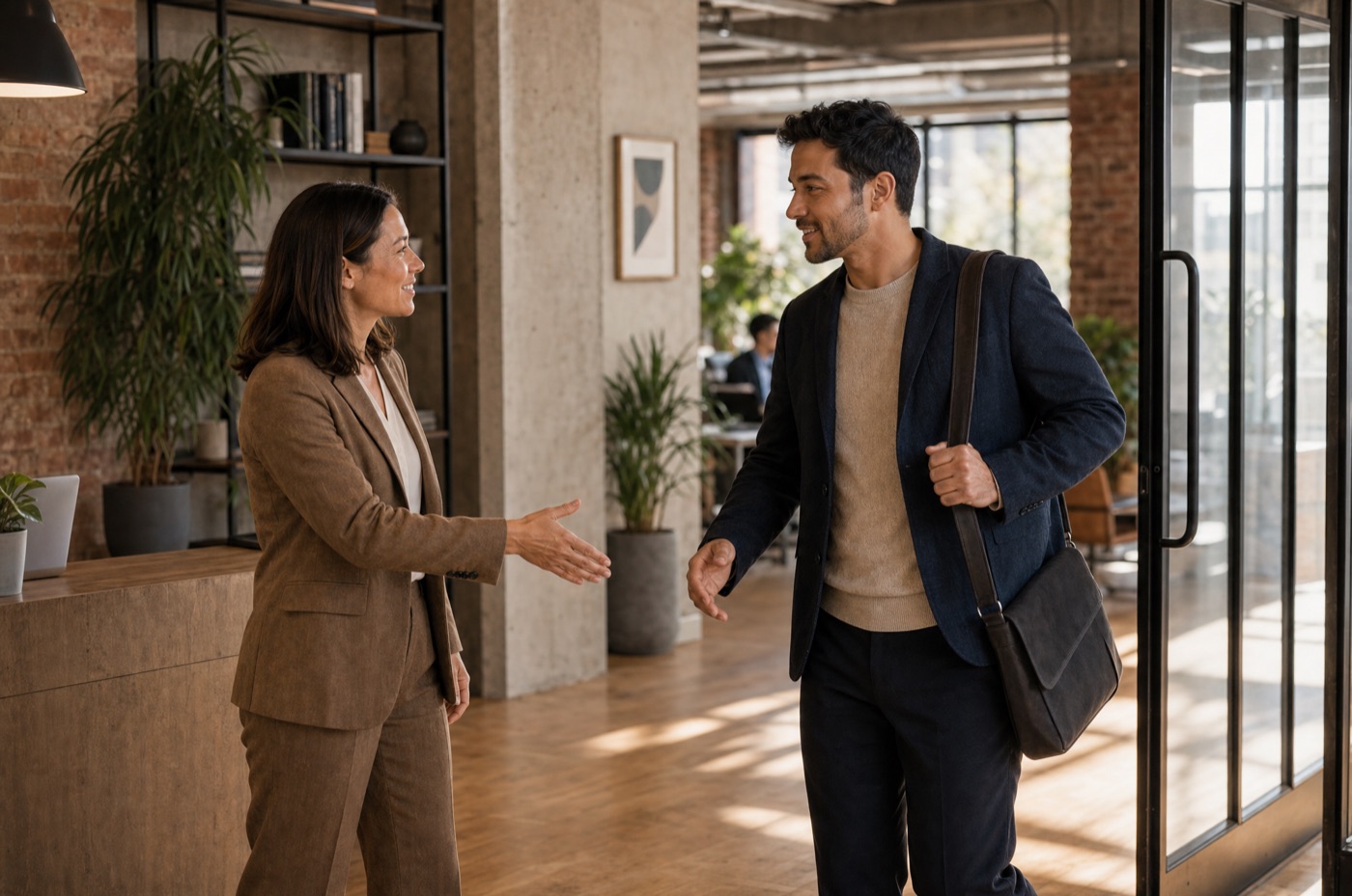 Two colleagues greeting each other in the reception area of a converted industrial office, one arriving with a shoulder bag over the shoulder.