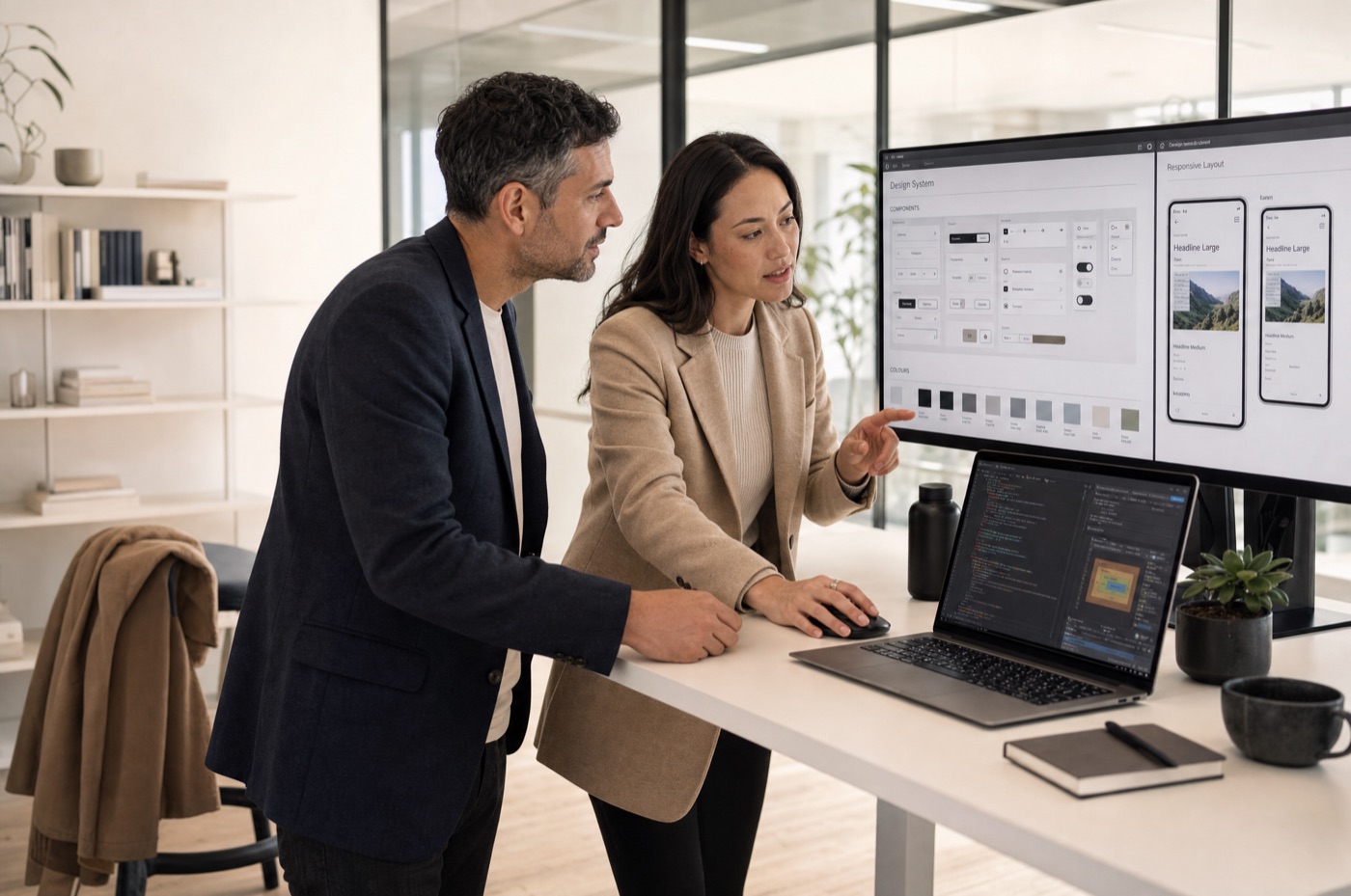 Two colleagues at a standing desk reviewing a digital design system, with a component library and responsive layouts on screen alongside a code editor.