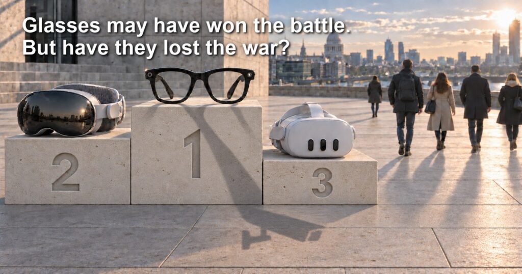 Smart glasses on the first-place podium ahead of an Apple Vision Pro and a Meta Quest headset, London skyline behind, with the headline Glasses may have won the battle but have they lost the war.